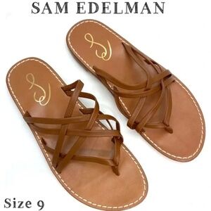 NWOT SAM Edelman Marinea Leather Strap Flats Mule Sandal in Saddle Tan Size 9